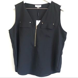 Calvin Klein Black V-Neck Top with Gold Zipper